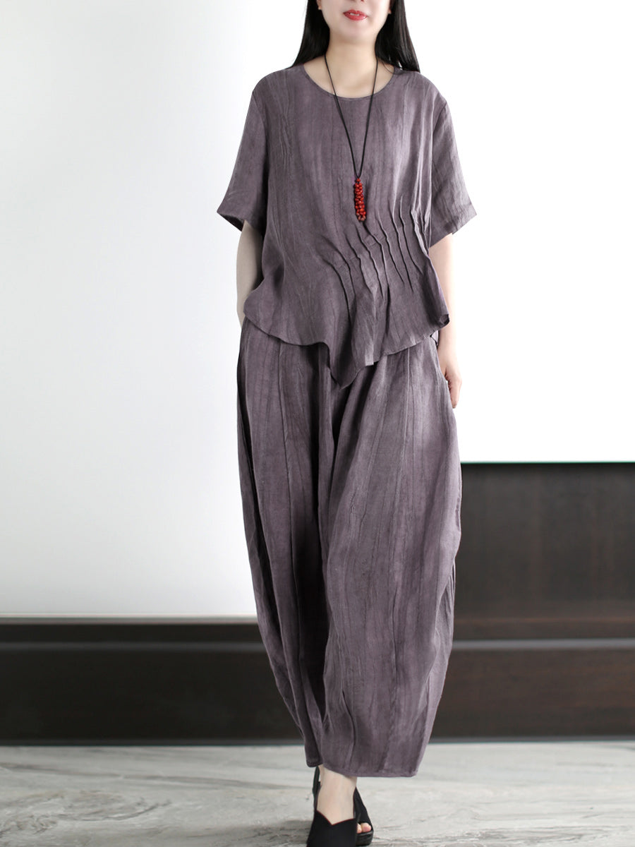 Camicia e pantaloni in lino e cotone tinta unita vintage da donna