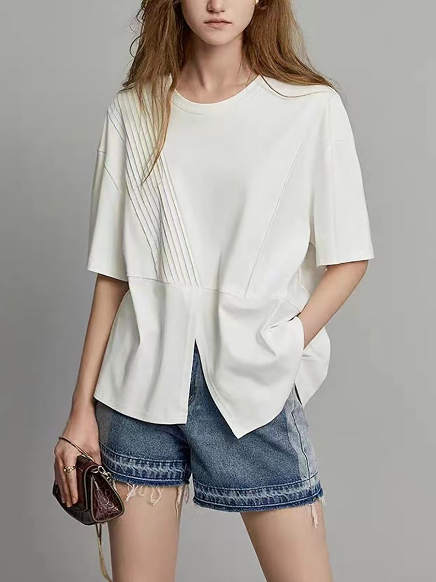 Camicia estiva casual da donna con orlo diviso e pieghe unite