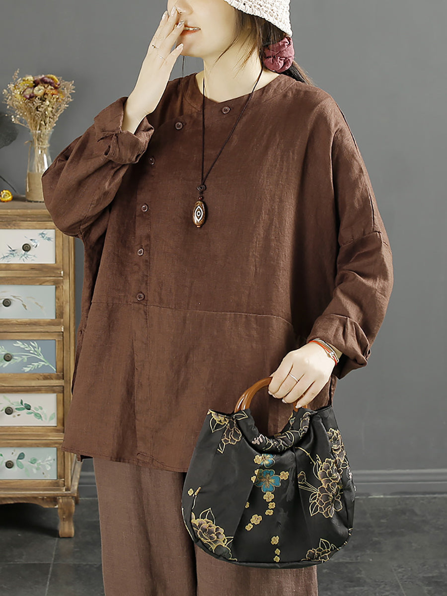 Camicia da donna in lino con chiusura inclinata vintage e tinta unita