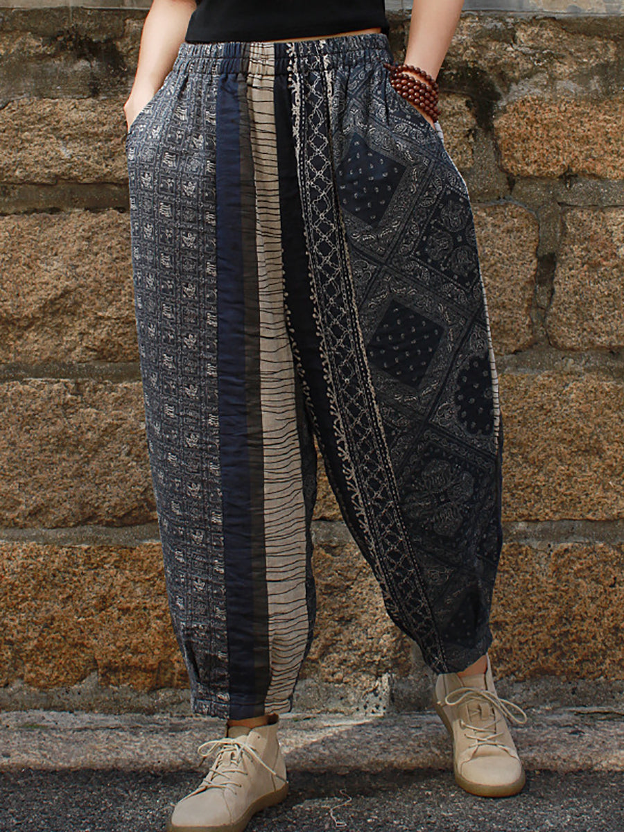 Pantaloni larghi in cotone retrò con giunture da donna