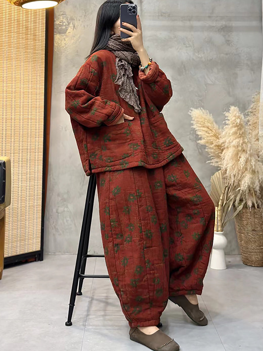 Pantaloni imbottiti in cotone con fiori vintage da donna