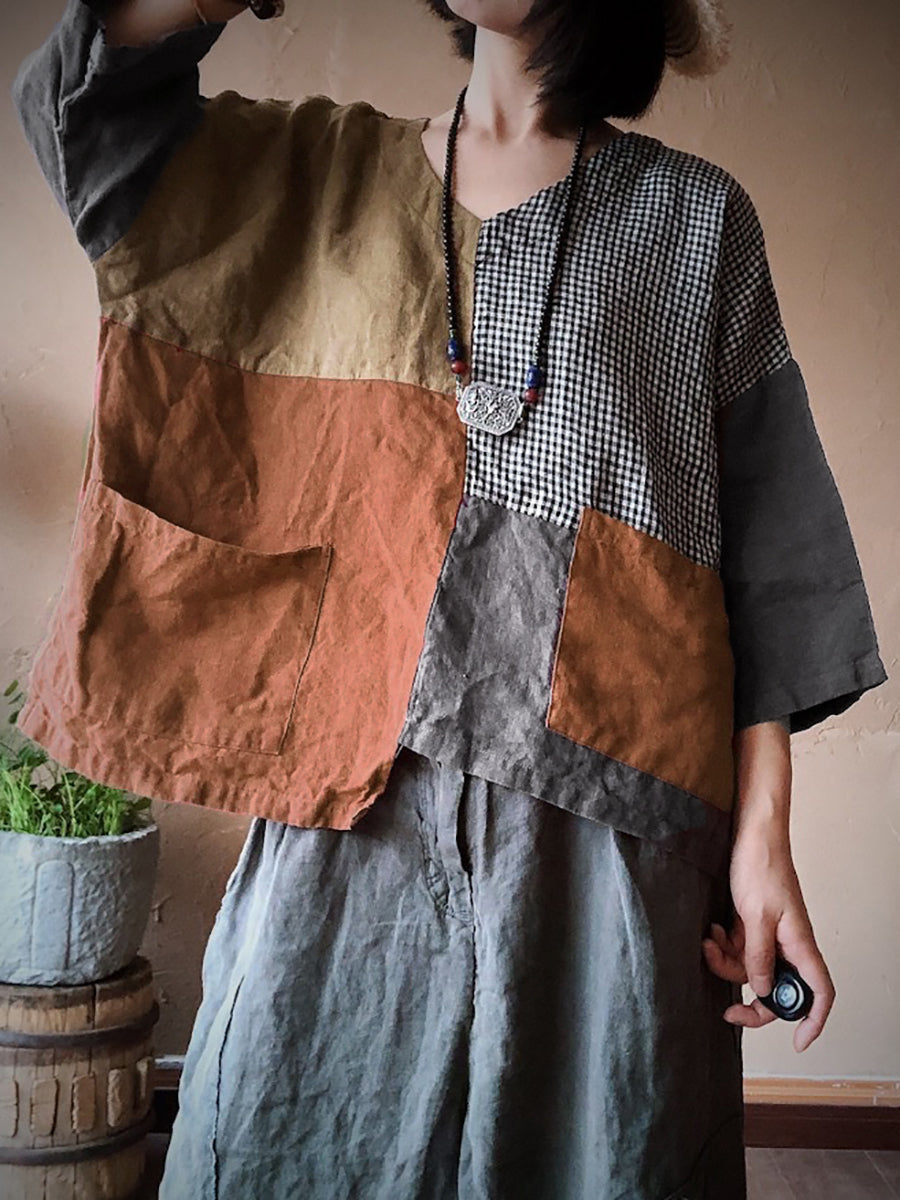 Camicia da donna in lino con toppa retrò, tasca con giunture irregolari e ampia
