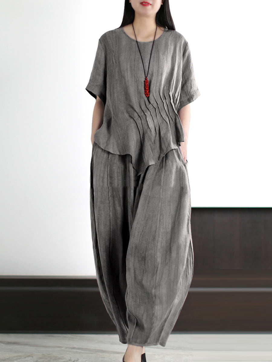 Camicia e pantaloni in lino e cotone tinta unita vintage da donna
