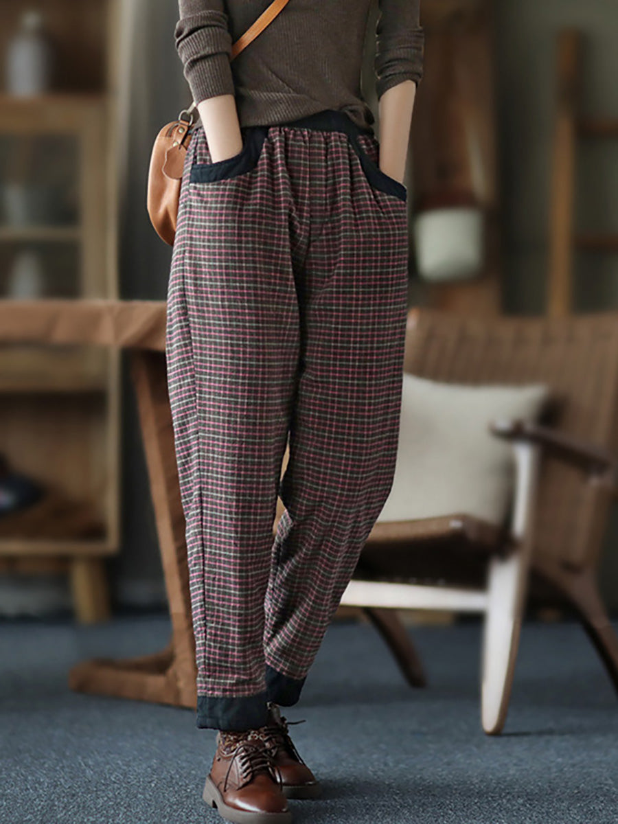 Pantaloni elastici in vita a quadri in lino e cotone da donna