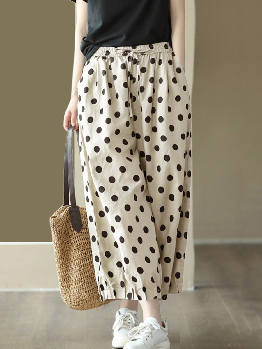 Pantaloni da donna vintage in lino con coulisse e pois a gamba larga