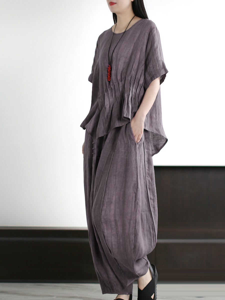 Camicia e pantaloni in lino e cotone tinta unita vintage da donna