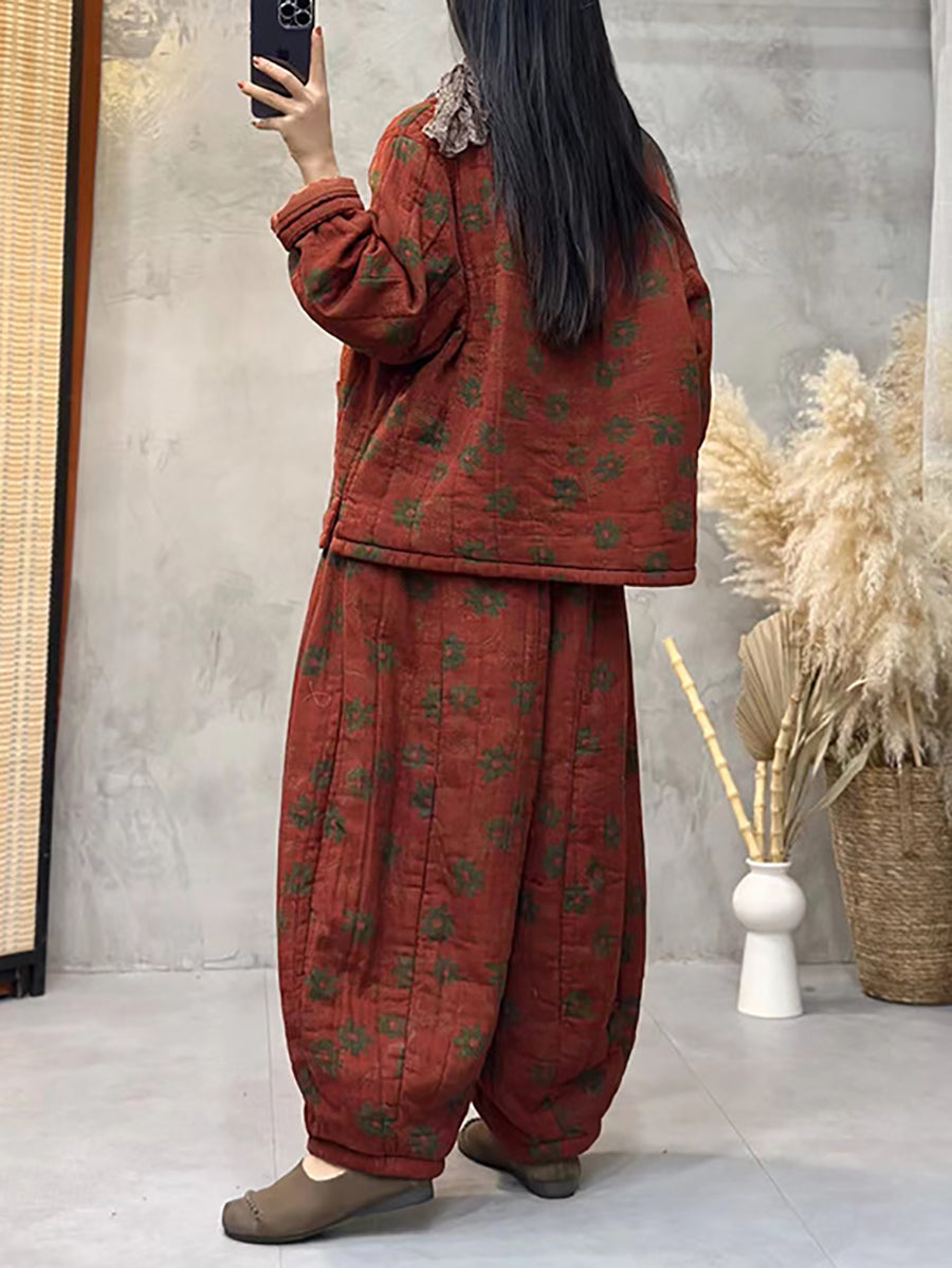Pantaloni imbottiti in cotone con fiori vintage da donna