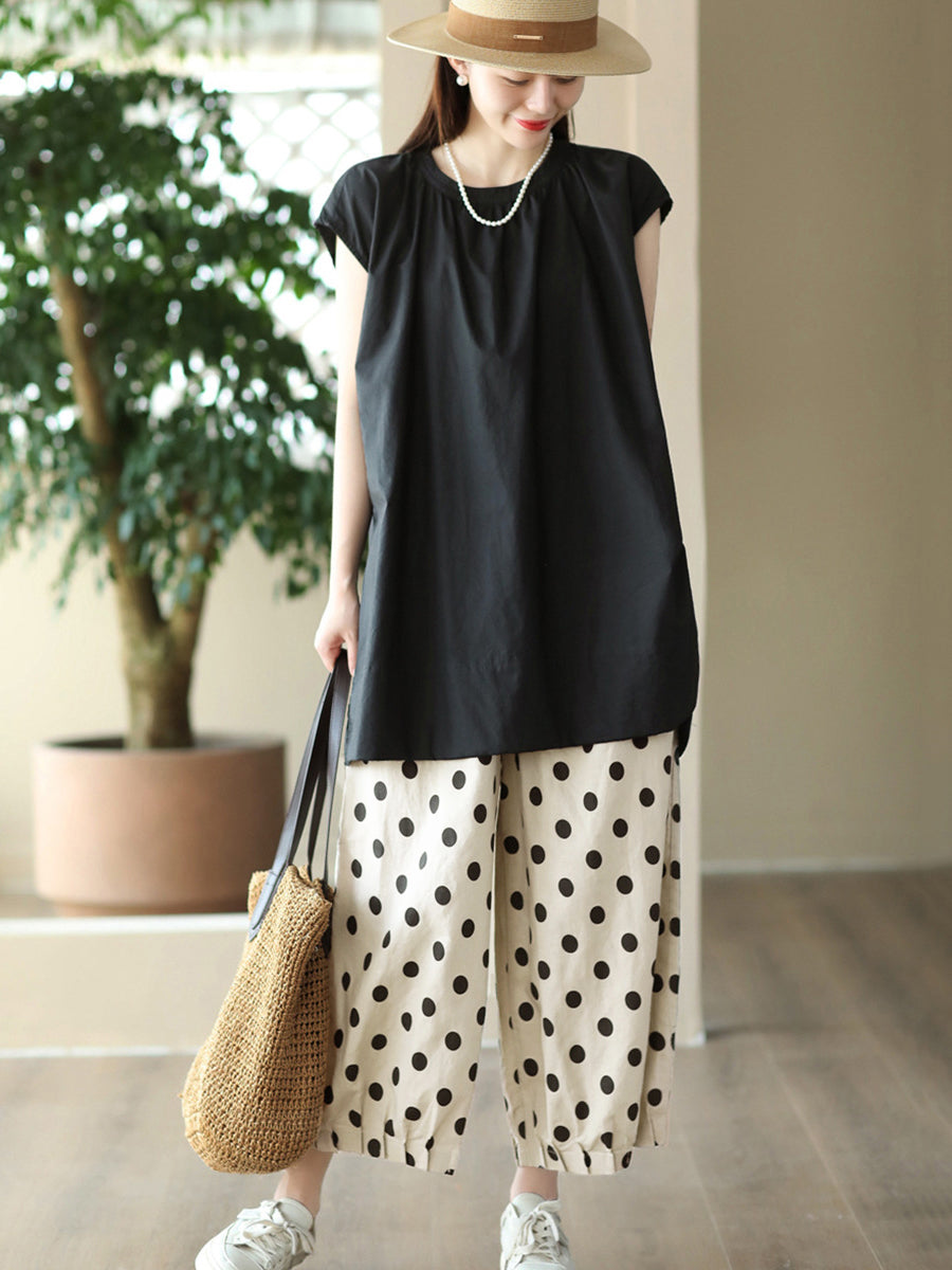 Pantaloni da donna vintage in lino con coulisse e pois a gamba larga
