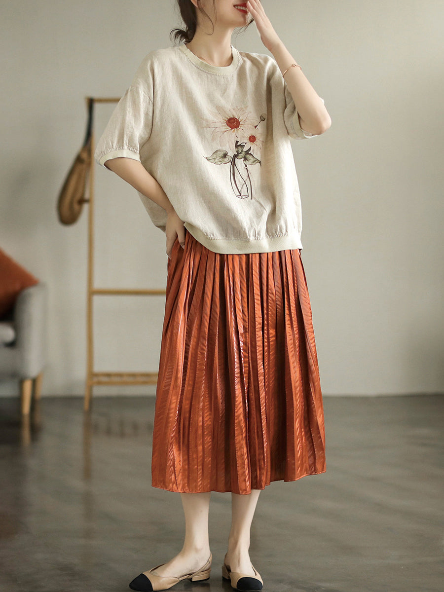 Maglietta a maniche corte con fiori estivi casual in lino da donna