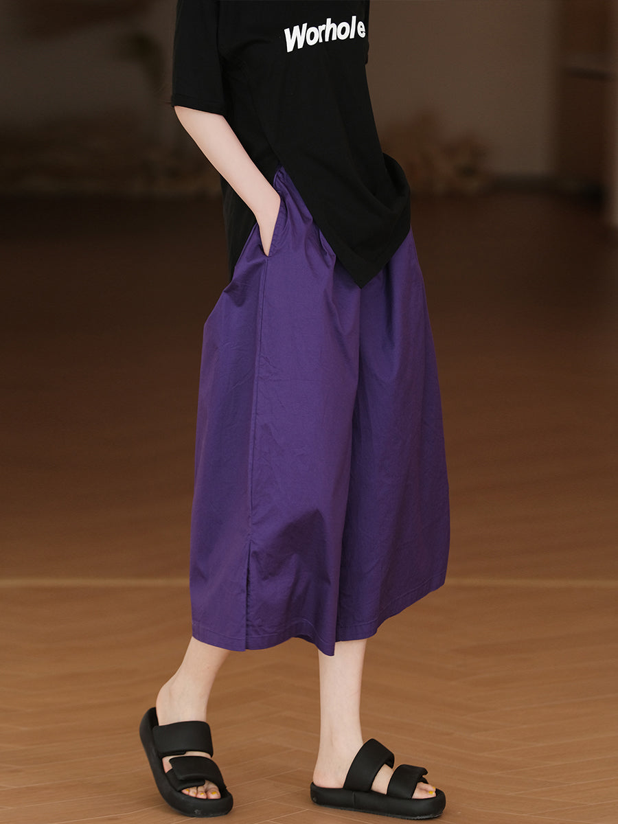 Pantaloni larghi in cotone con tasche tinta unita casual estivi da donna