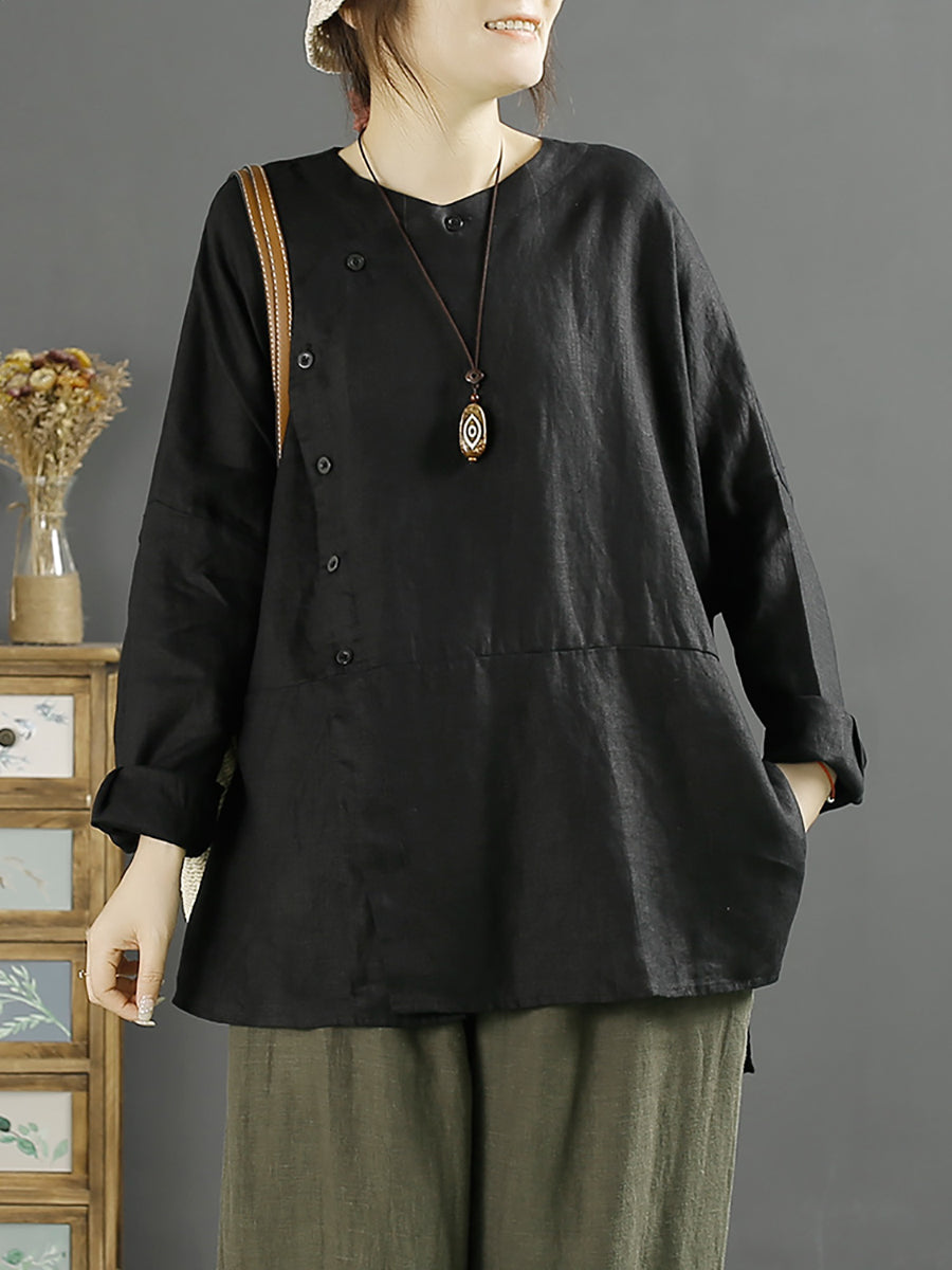 Camicia da donna in lino con chiusura inclinata vintage e tinta unita