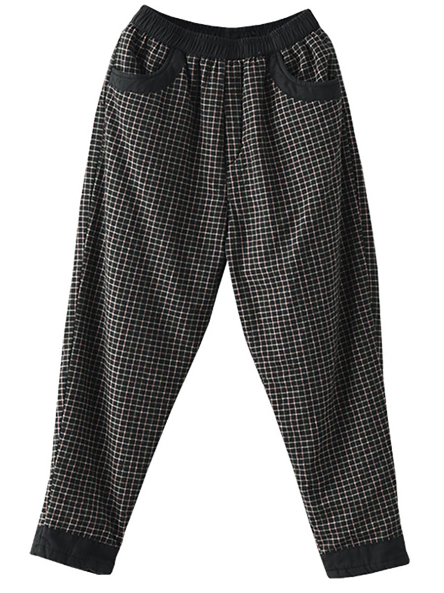 Pantaloni elastici in vita a quadri in lino e cotone da donna