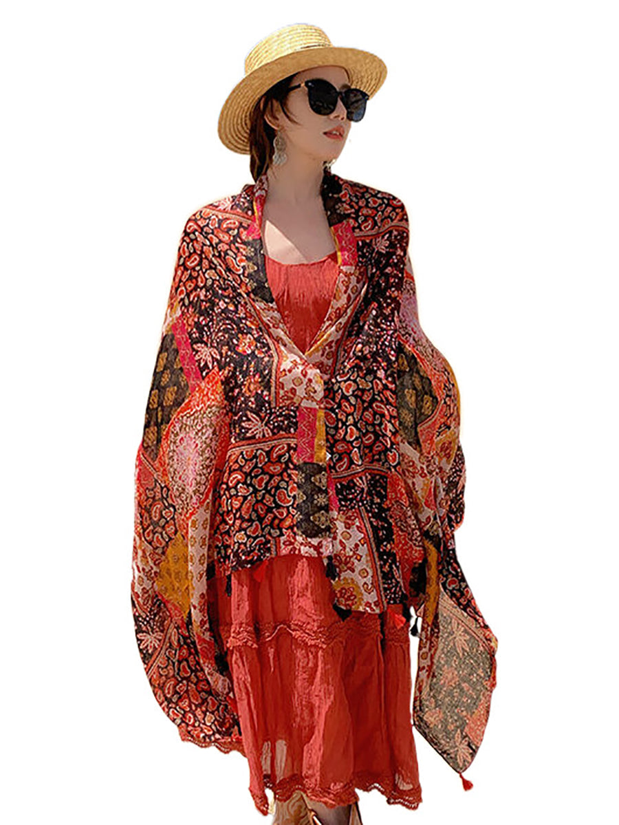 Sciarpa scialle con nappe etniche floreali da donna