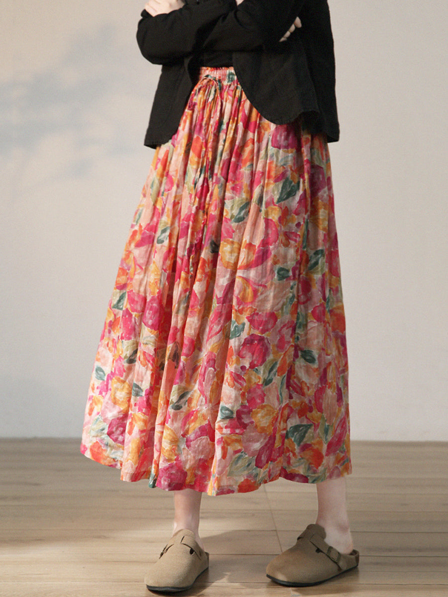 Gonna estiva da donna con coulisse in ramiè con fiori artistici