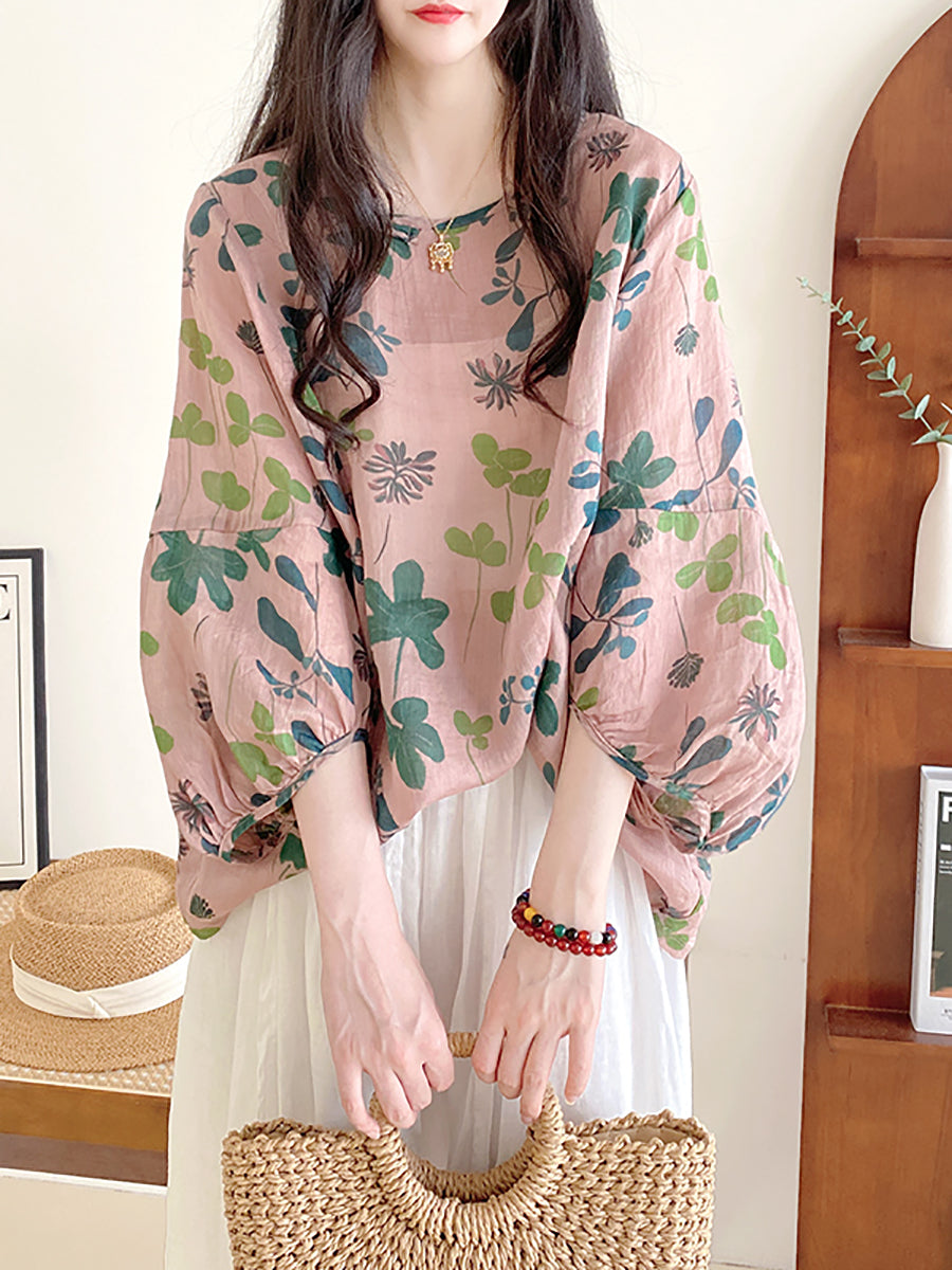 Camicia a collo alto con fiori artistici estivi da donna
