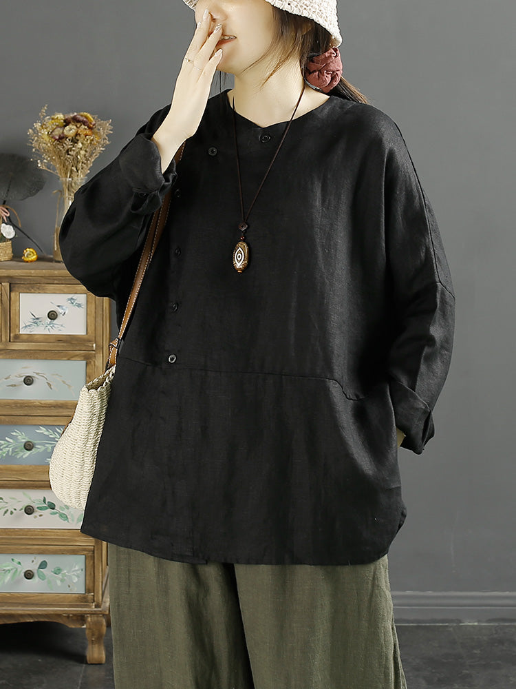 Camicia da donna in lino con chiusura inclinata vintage e tinta unita