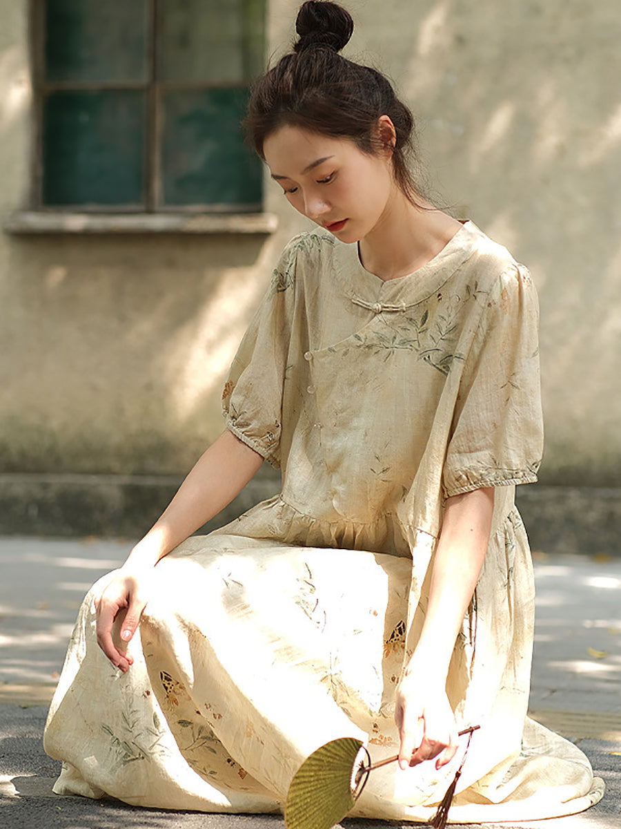 Vestito da donna vintage estivo con bottoni floreali e ampio in ramiè