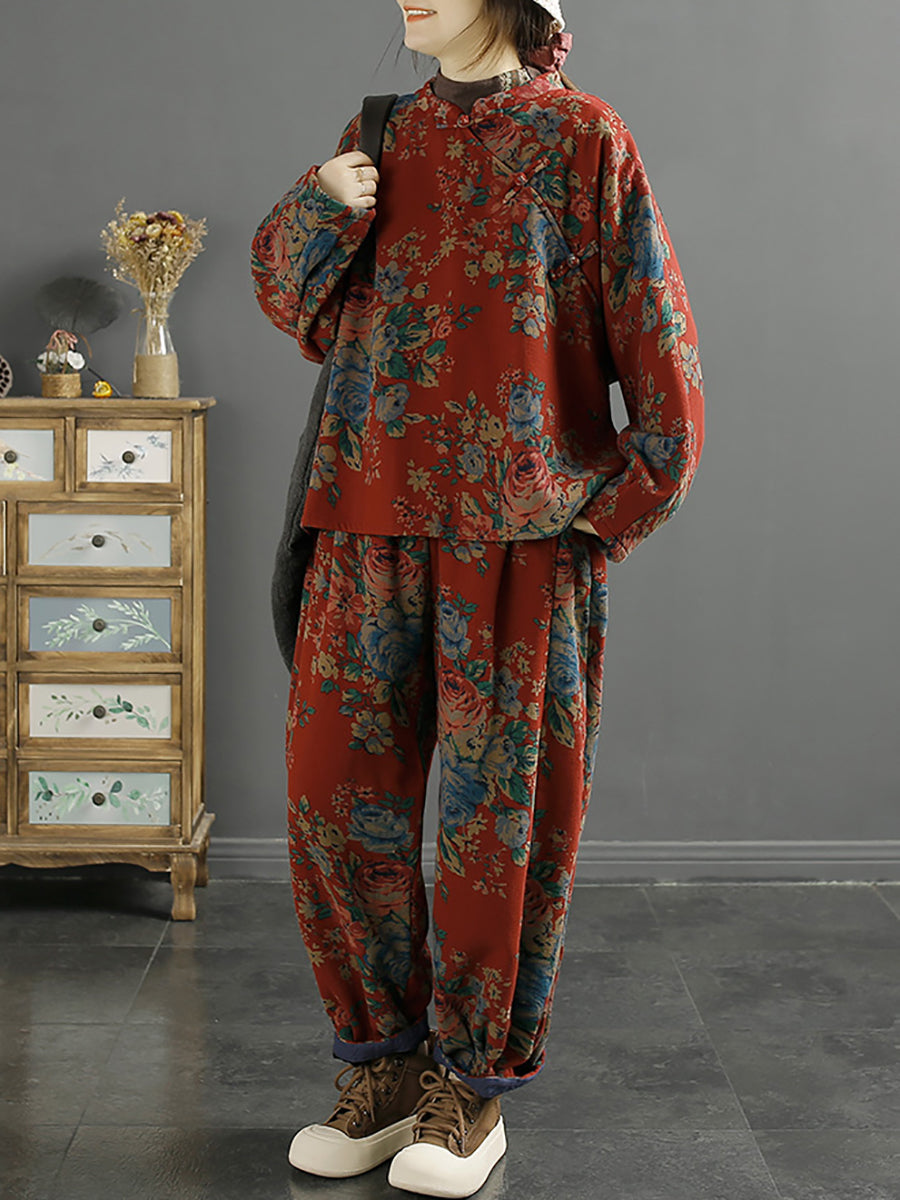 Camicia obliqua larga con fiori etnici da donna
