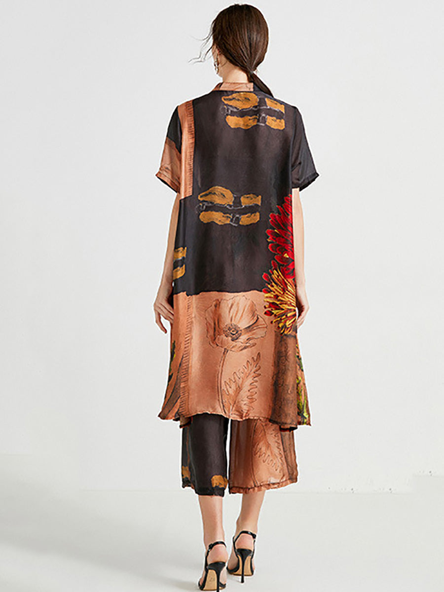 Camicia lunga con fiori artistici e pantaloni da donna
