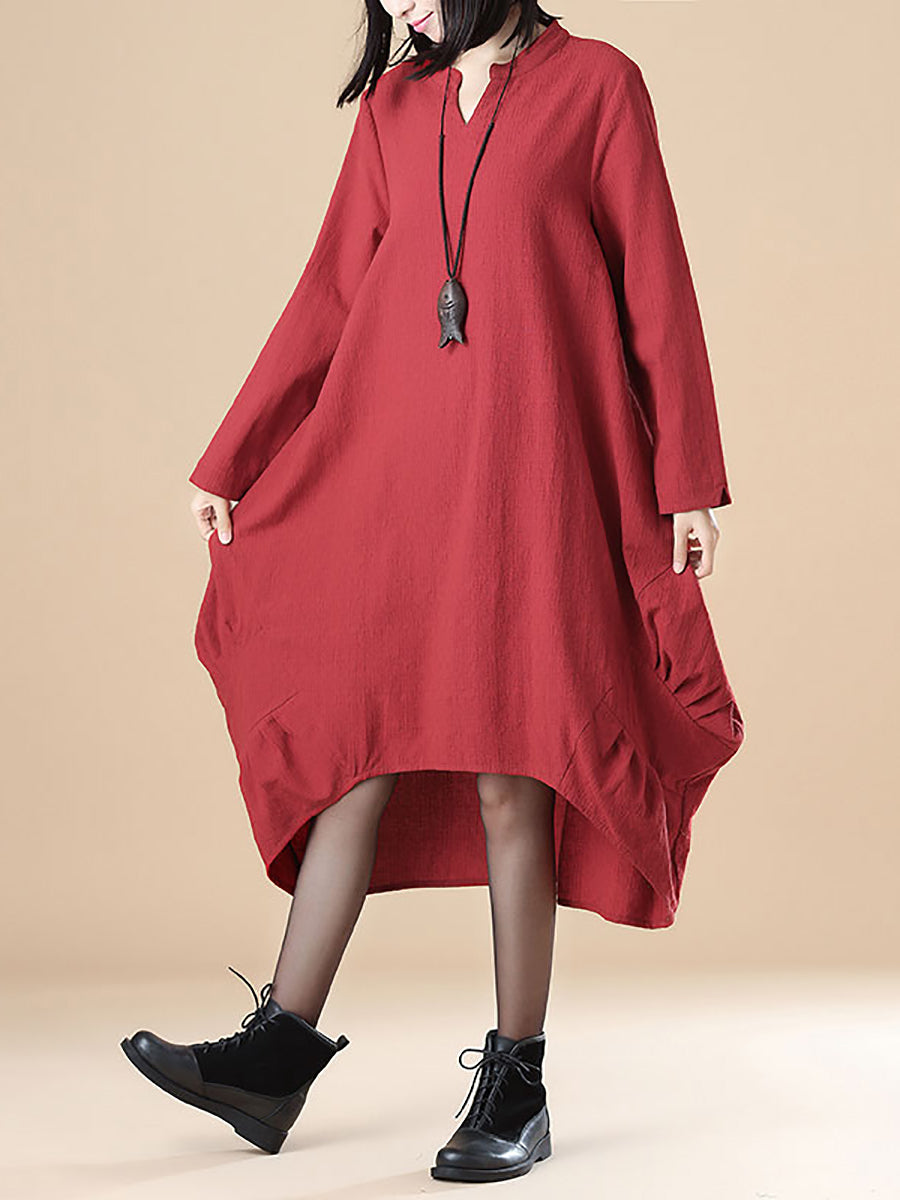 Abito rosso casual ampio a maniche lunghe in cotone per donna