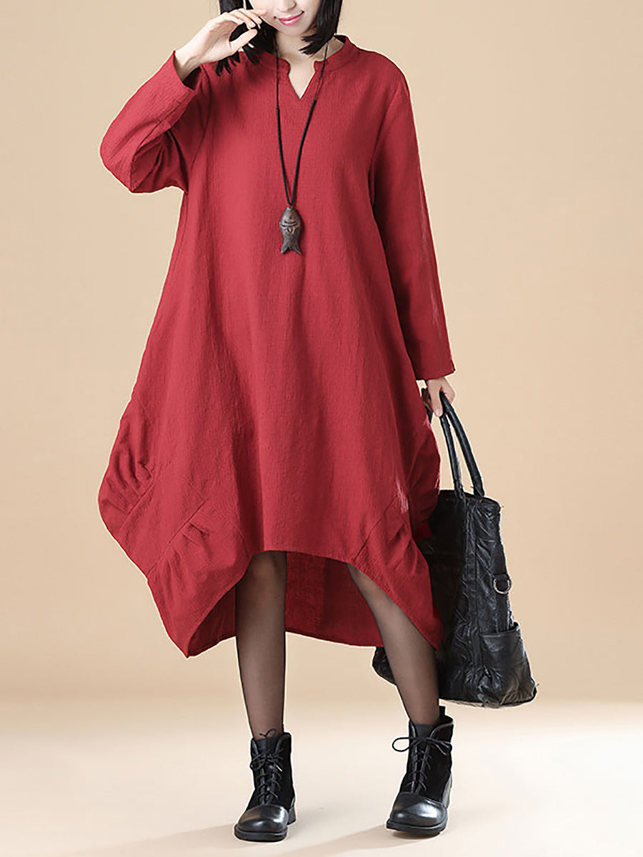 Abito rosso casual ampio a maniche lunghe in cotone per donna