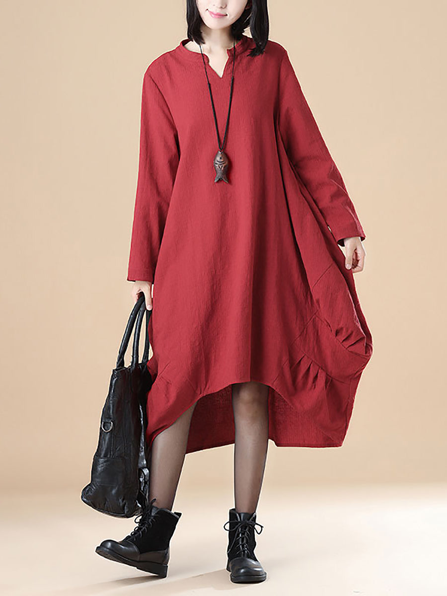 Abito rosso casual ampio a maniche lunghe in cotone per donna