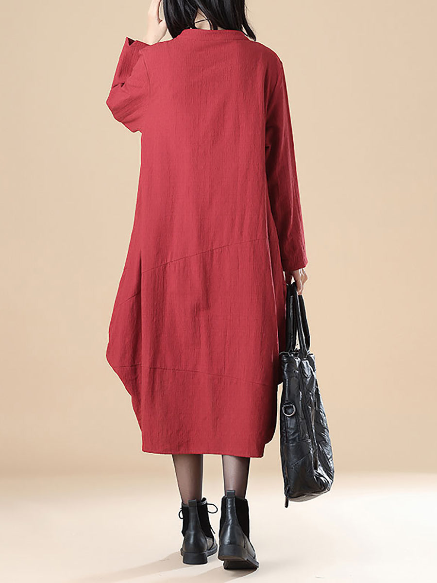 Abito rosso casual ampio a maniche lunghe in cotone per donna