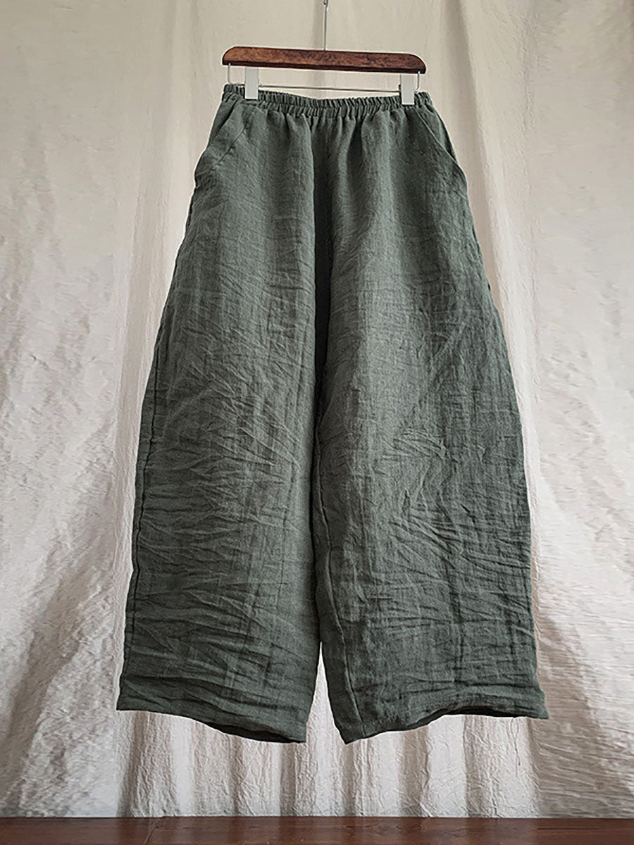 Pantaloni casual da donna in lino con elastico in vita e tinta unita