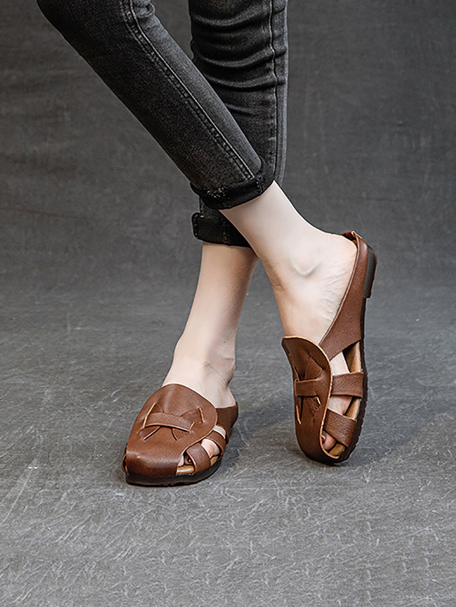 Pantofole morbide vintage in vera pelle traforata da donna