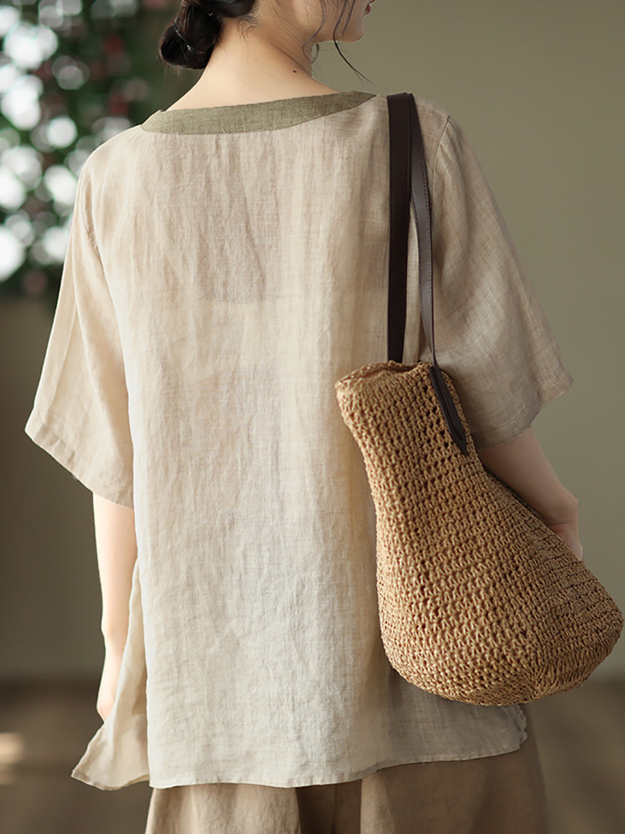Maglietta primaverile casual da donna con ricamo Ramie