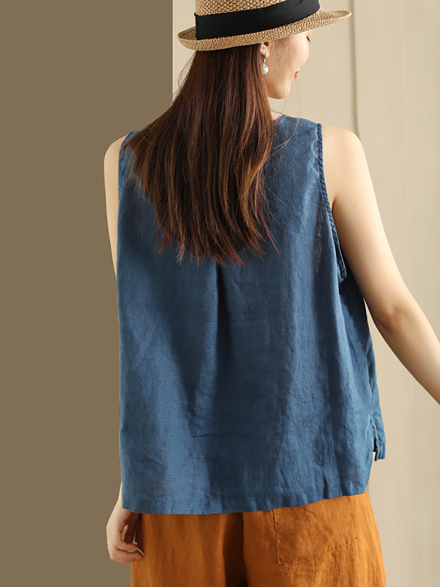 Gilet estivo da donna, con bottoni, in lino al 100%, tinta unita e ampio