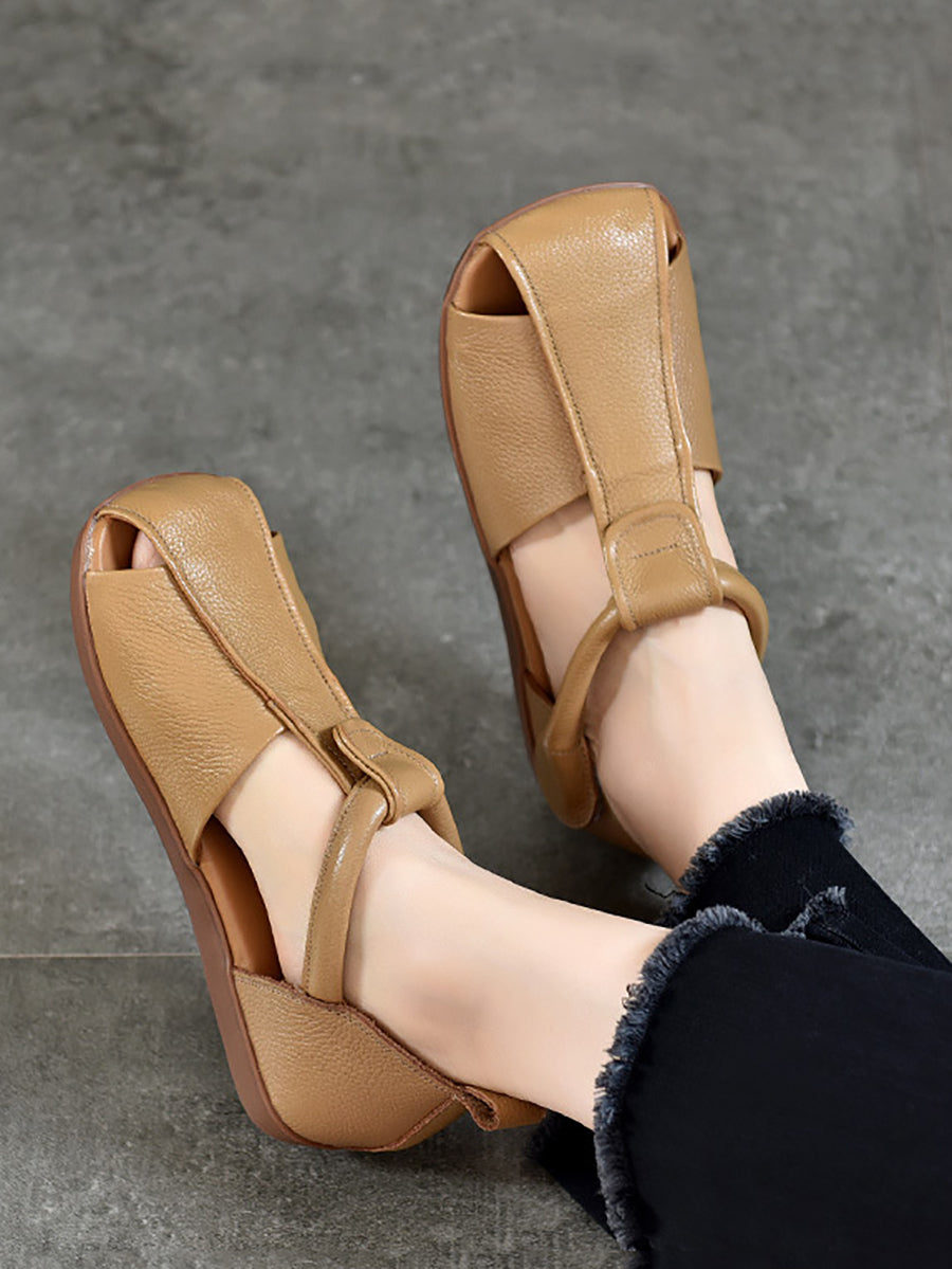 Sandali piatti vintage estivi in morbida pelle con giunzioni da donna