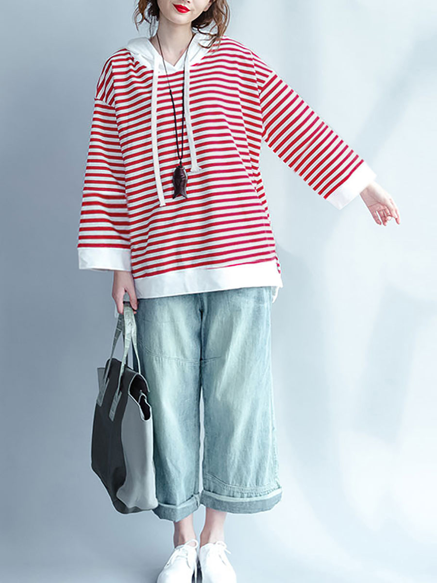 Maglietta rossa con cappuccio a righe casual primaverili da donna