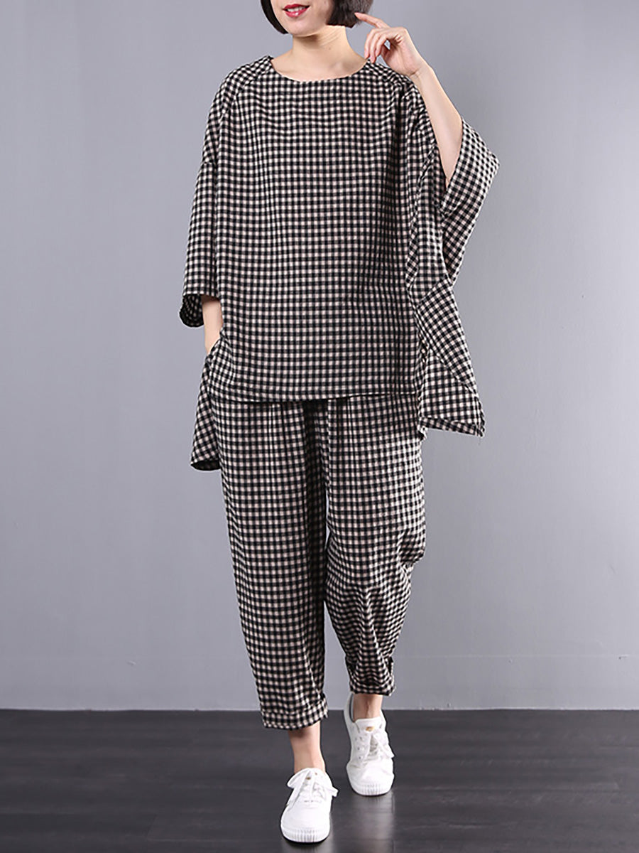 Blusa e pantaloni retrò in cotone e lino a quadri