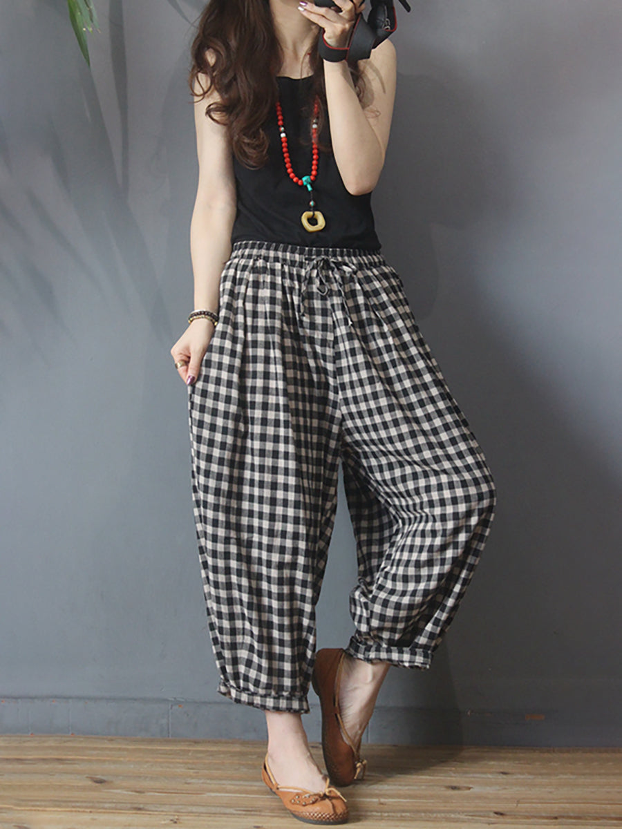 Pantaloni harem in lino e cotone con coulisse a quadri estivi