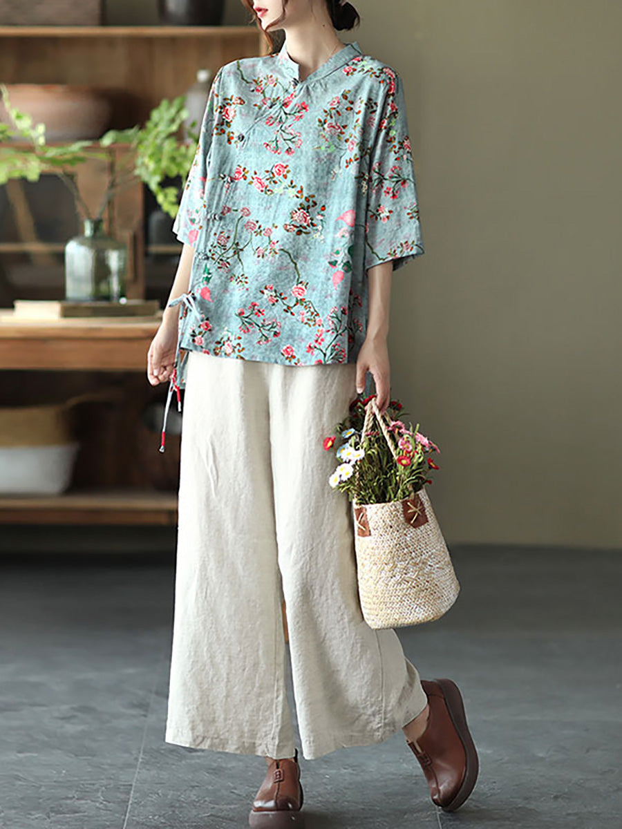 Camicia vintage irregolare floreale in lino di cotone