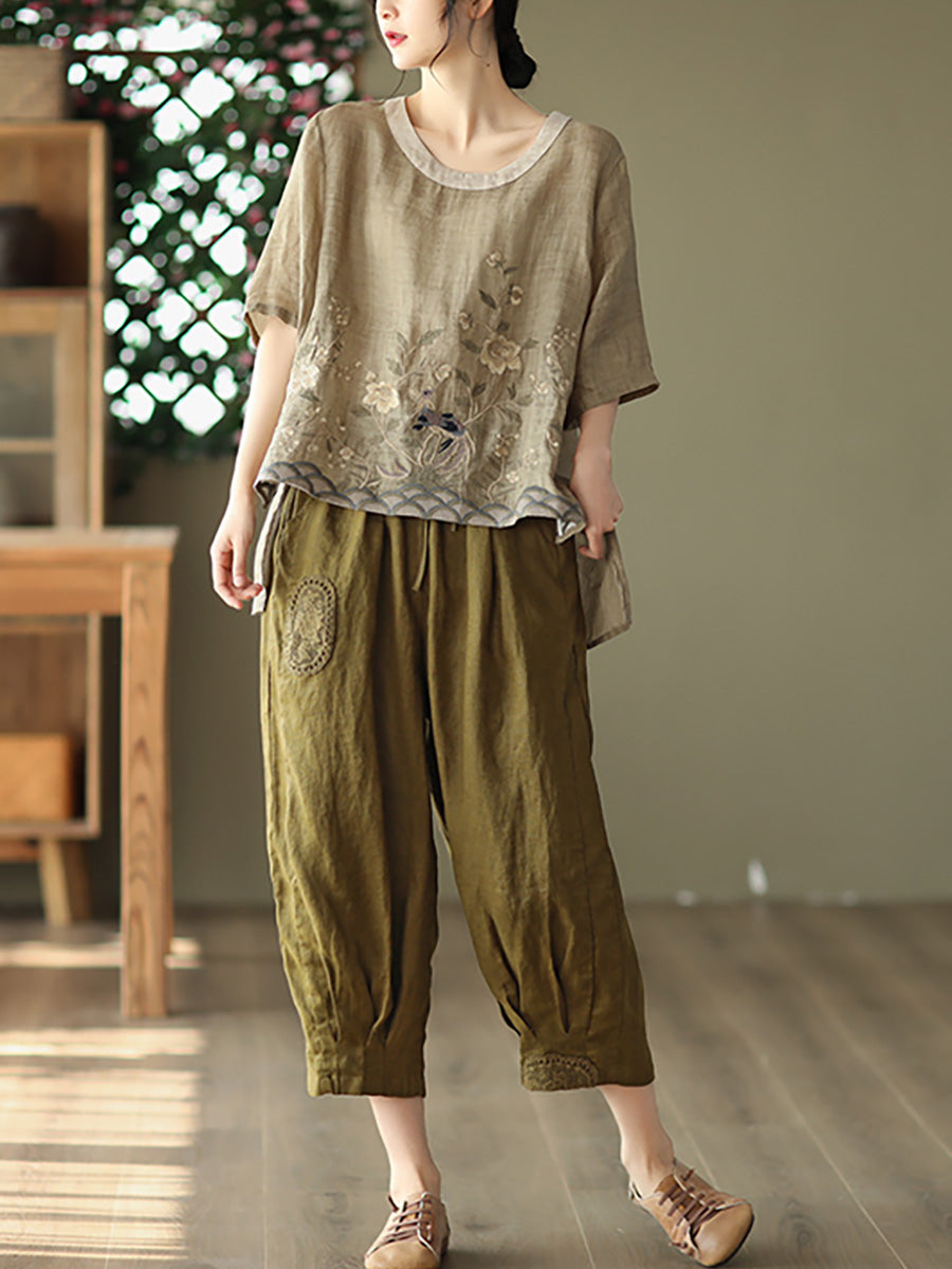 Maglietta primaverile casual da donna con ricamo Ramie