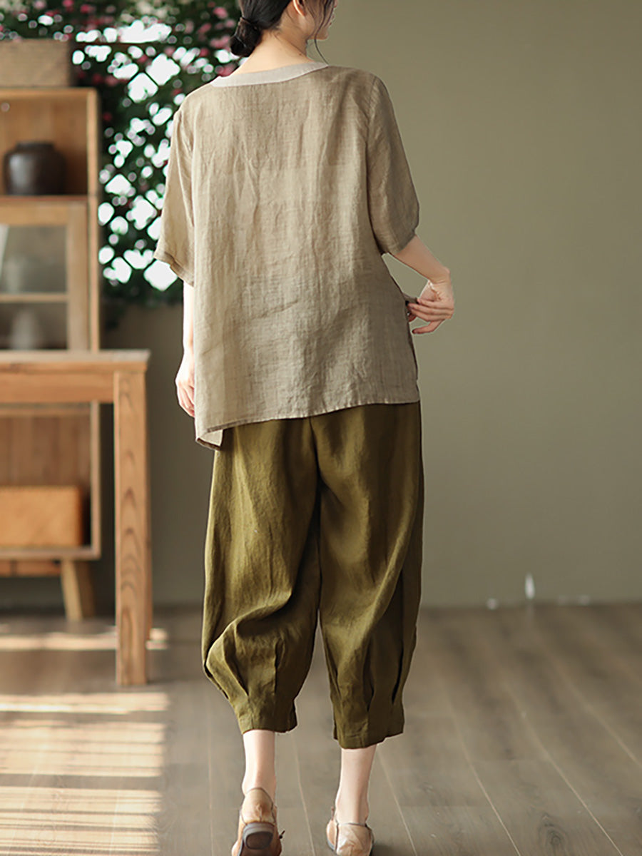 Maglietta primaverile casual da donna con ricamo Ramie