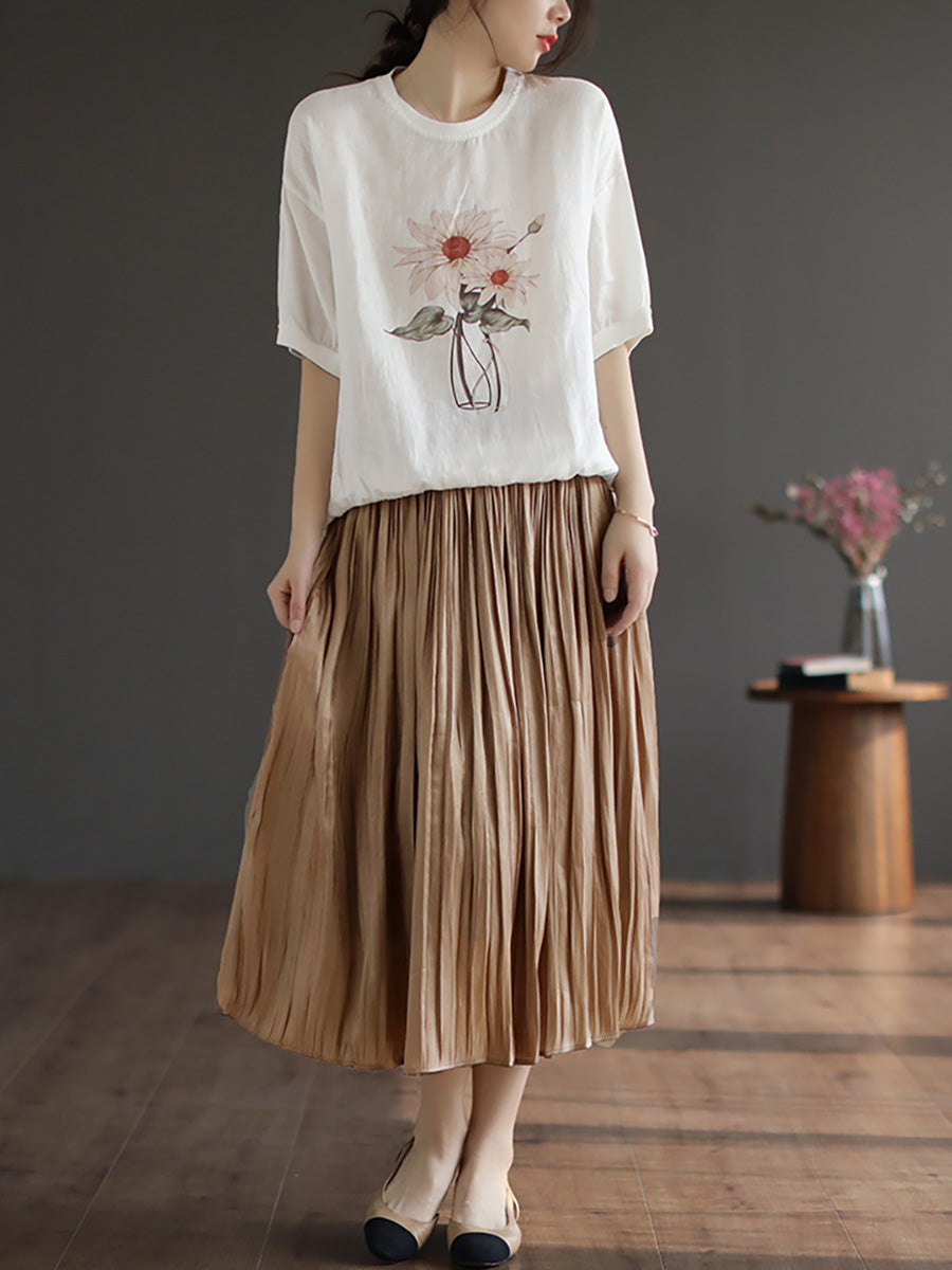 Maglietta a maniche corte con fiori estivi casual in lino da donna