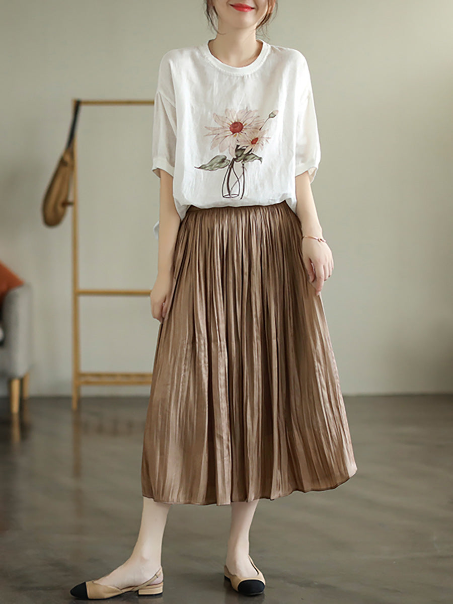Maglietta a maniche corte con fiori estivi casual in lino da donna