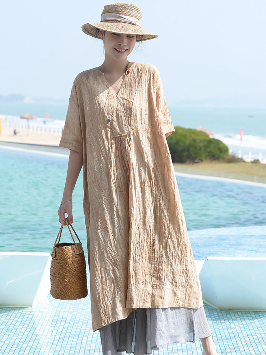 Abito da donna in lino vintage con scollo a V e ampio