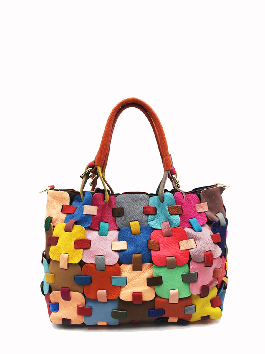 Borsa a mano in vera pelle con motivo a quadri, da donna, alla moda