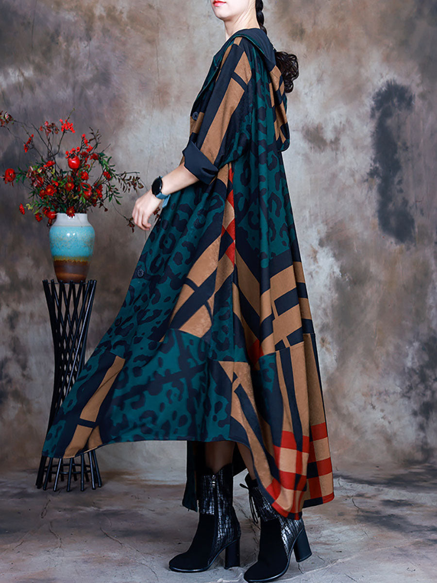 Cappotto da donna con cappuccio irregolare stampato a quadri