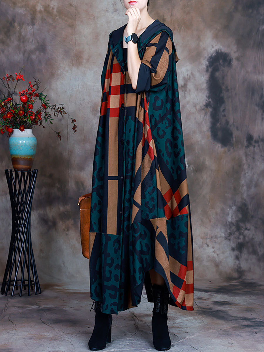 Cappotto da donna con cappuccio irregolare stampato a quadri