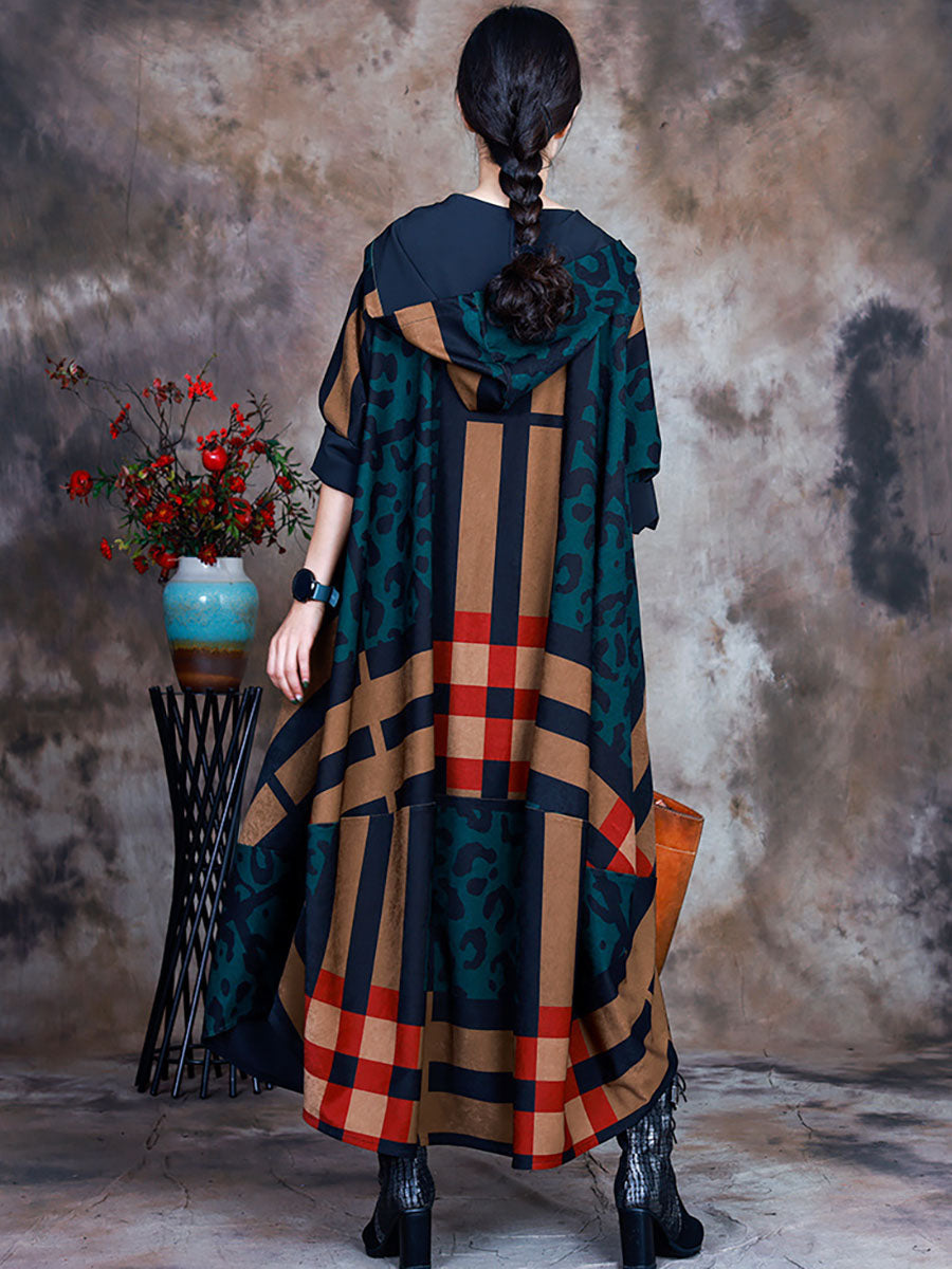 Cappotto da donna con cappuccio irregolare stampato a quadri
