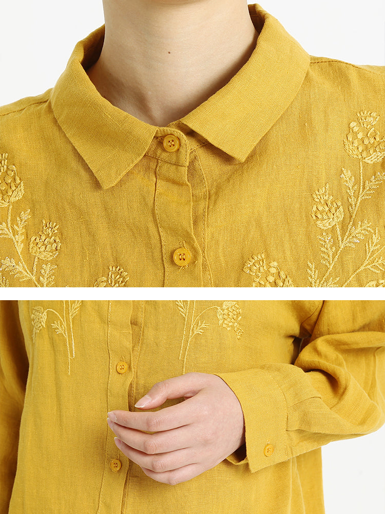 Camicia ampia da donna in lino a maniche lunghe ricamata