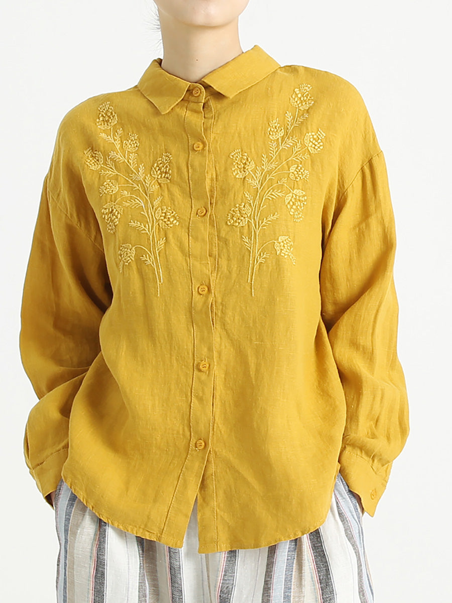Camicia ampia da donna in lino a maniche lunghe ricamata