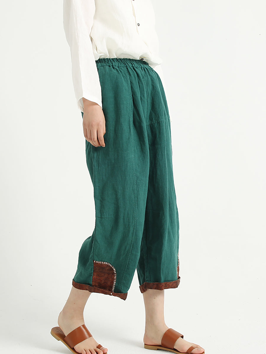 Pantaloni harem da donna in lino patchwork con elastico in vita