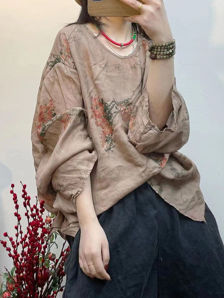Camicia sottile e ampia con stampa floreale vintage primaverile da donna