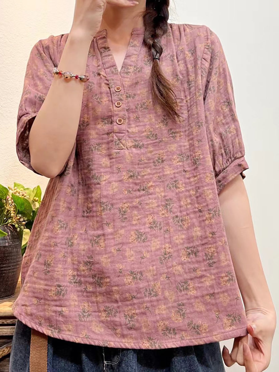 Camicia ampia con bottoni floreali artistici estivi da donna